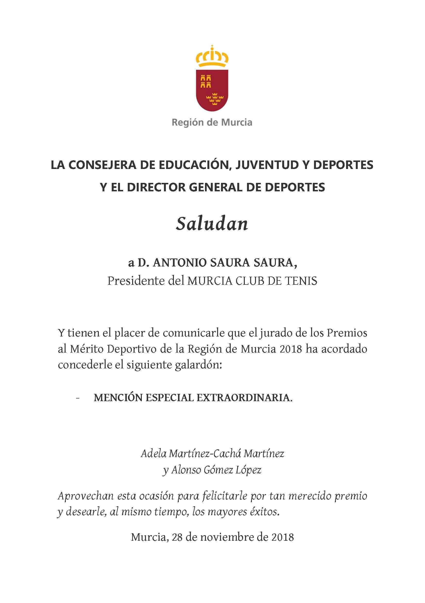 Felicitación MCT Mención Especial Extraordinaria Gala del Deporte 2018